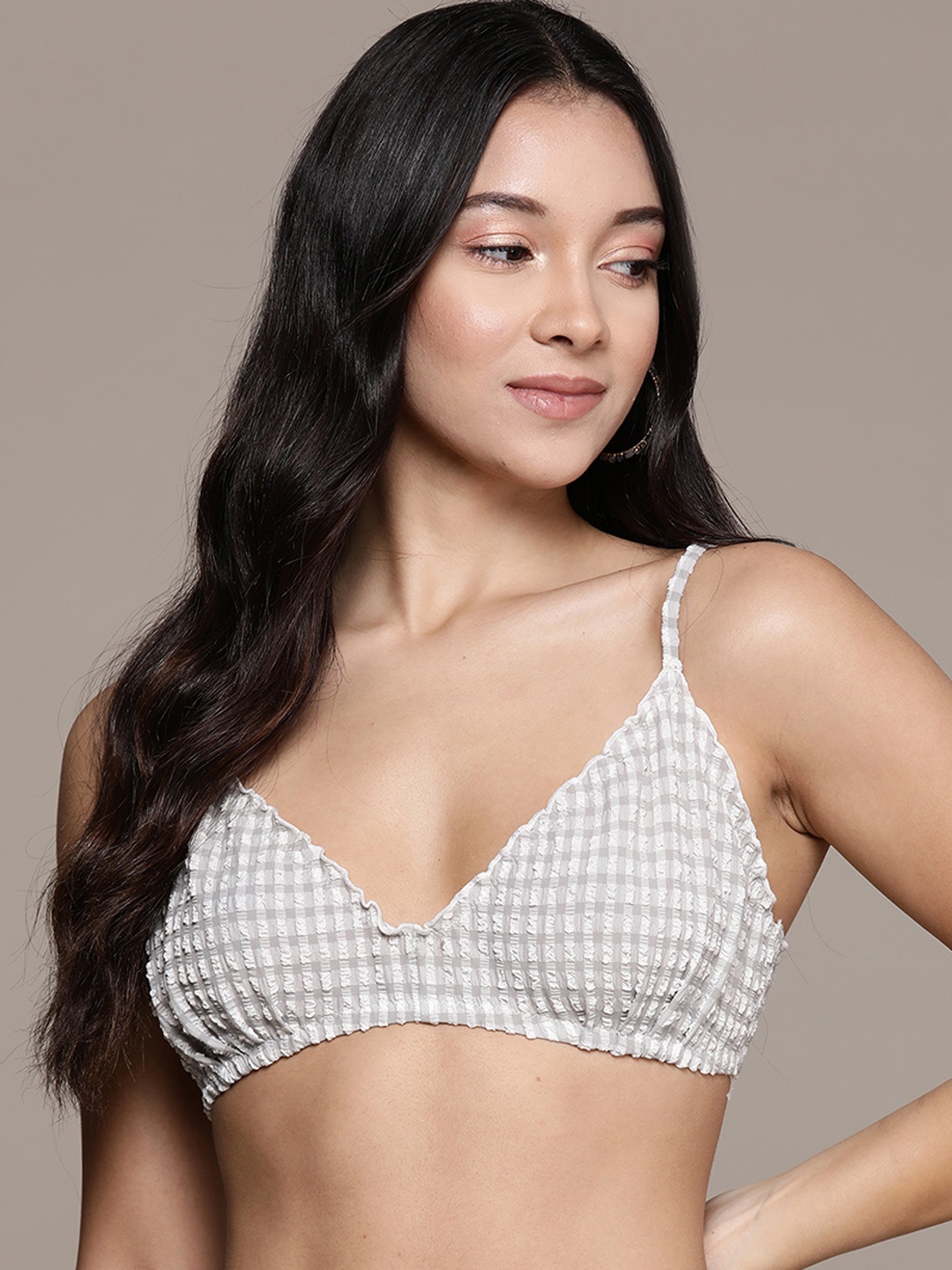

MANGO Checked Self-Design Bikini Bra, Grey