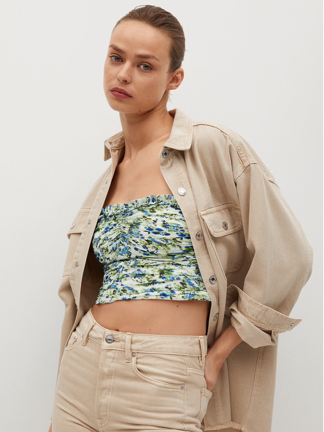 

MANGO White & Green Floral Print Cropped Tube Top