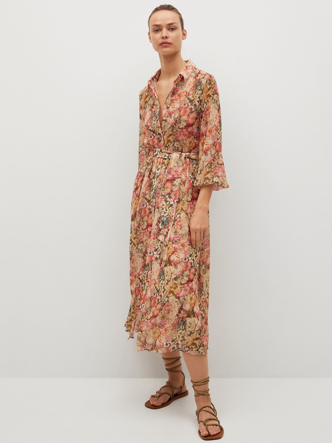

MANGO Beige & Coral Pink Floral Sustainable Shirt Midi Dress