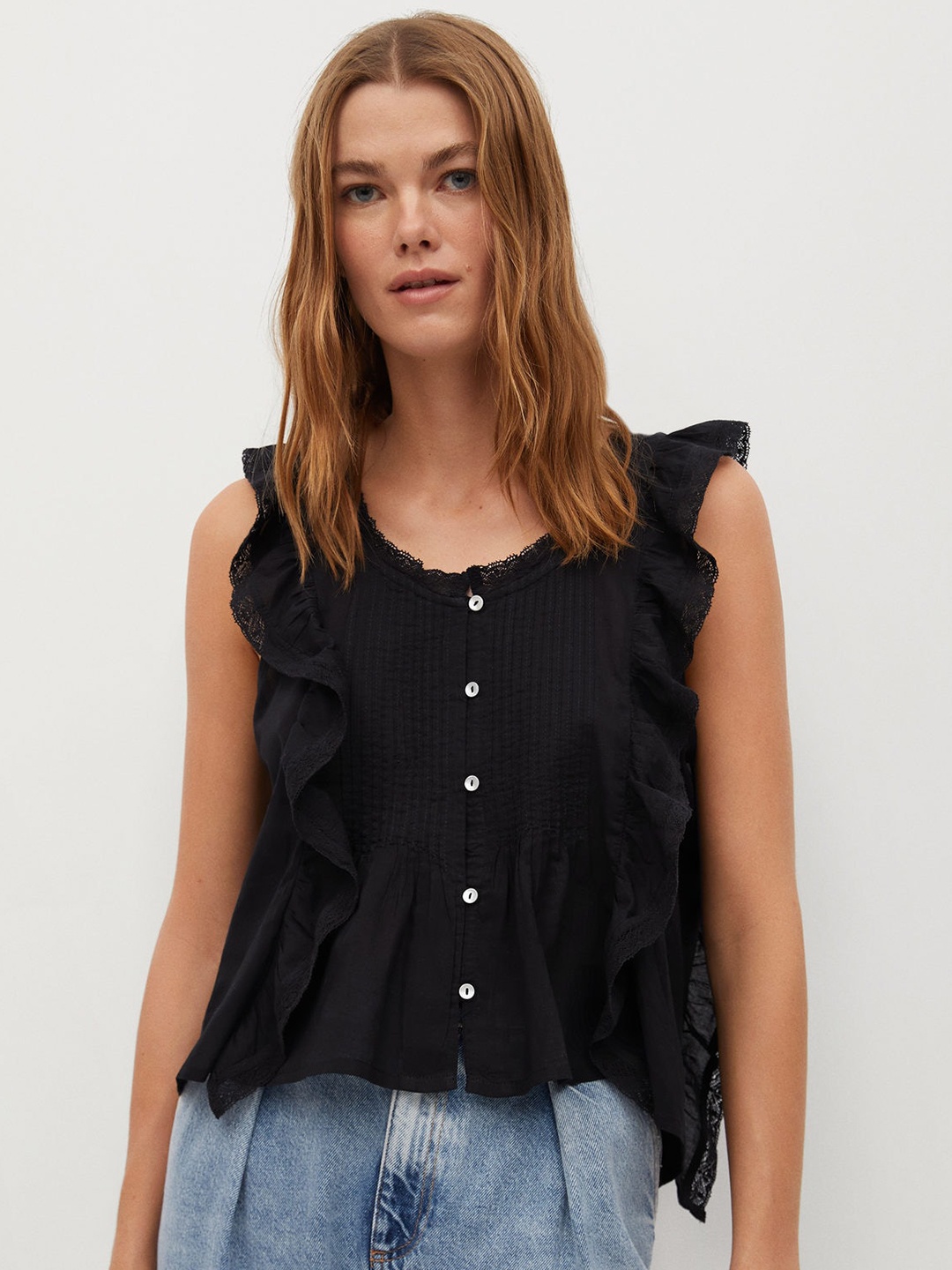 

MANGO Black Cotton Ruffled Pintucks Detail Solid Top