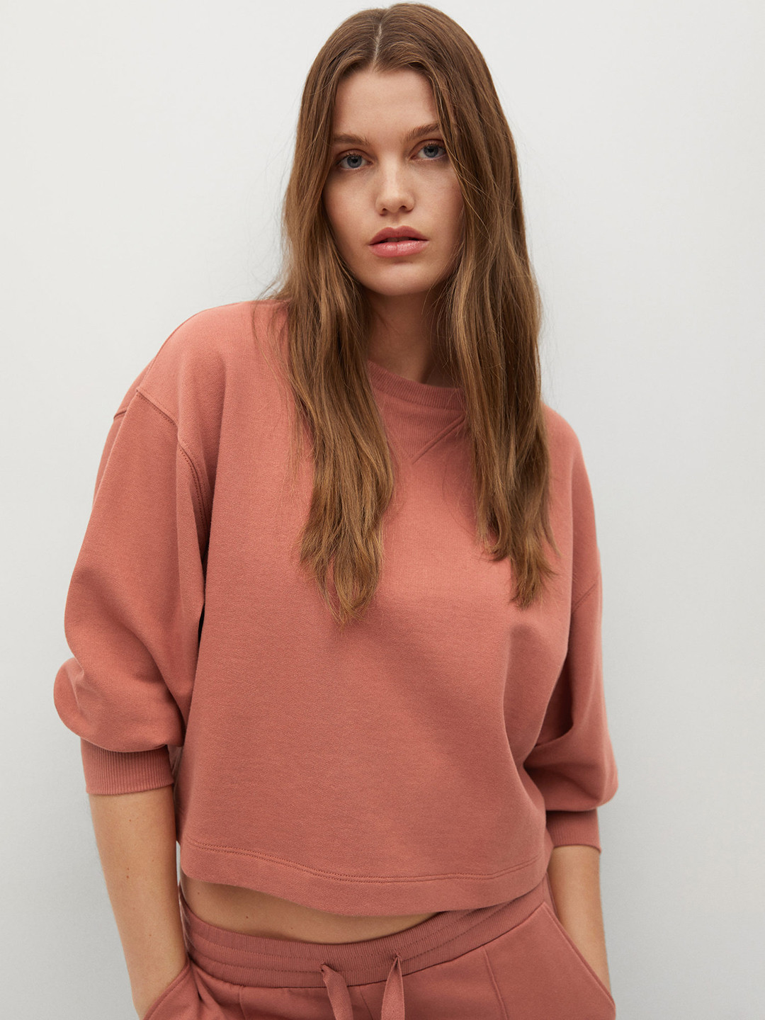 

MANGO Women Pink Organic Cotton Drop-Shoulder Sleeves Sustainable Pullover Sweatshirt