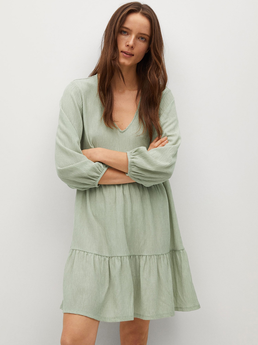 

MANGO Green Solid Sustainable Tiered A-Line Dress