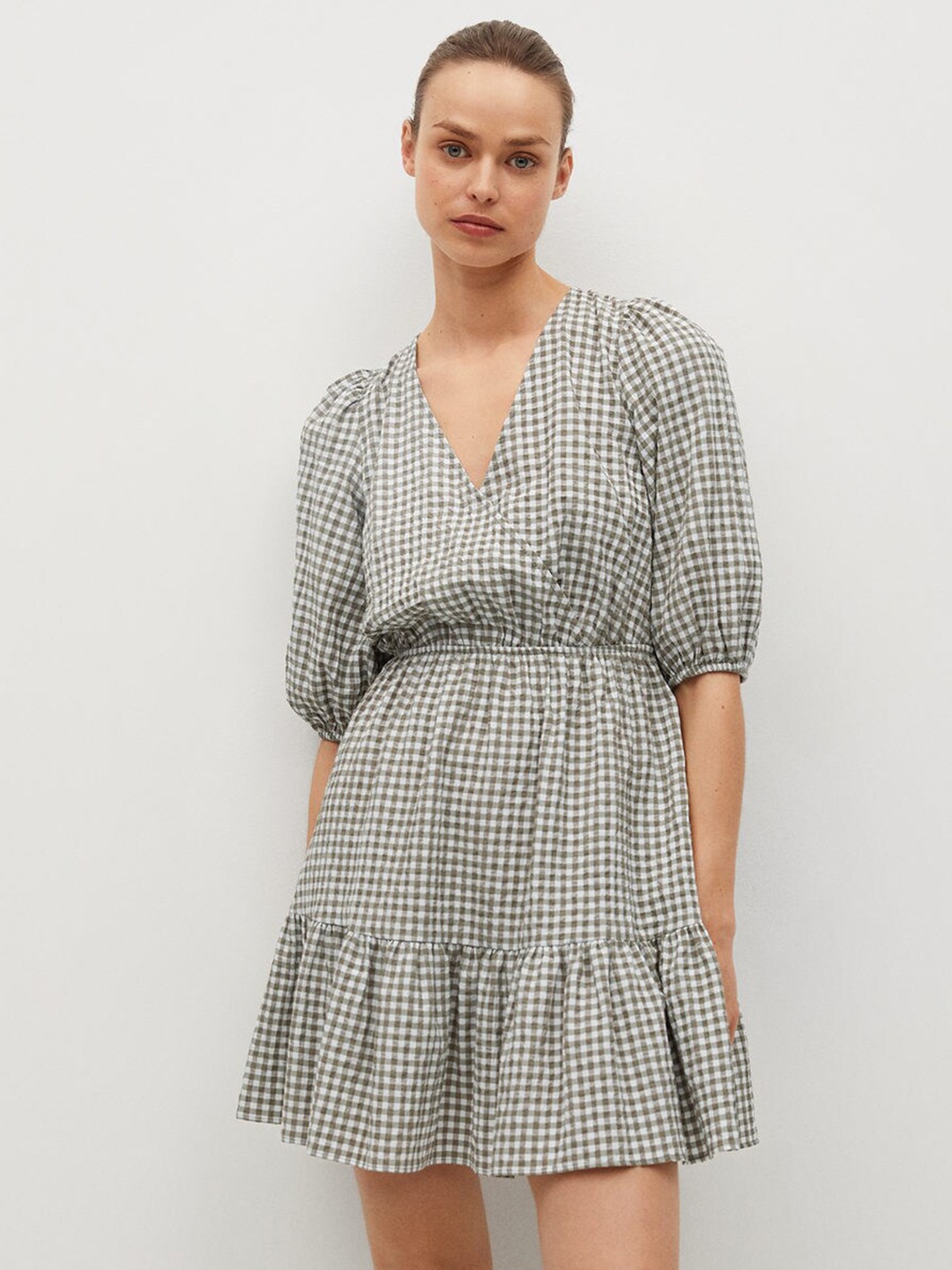 

MANGO Women White & Olive Green Checked Wrap Dress
