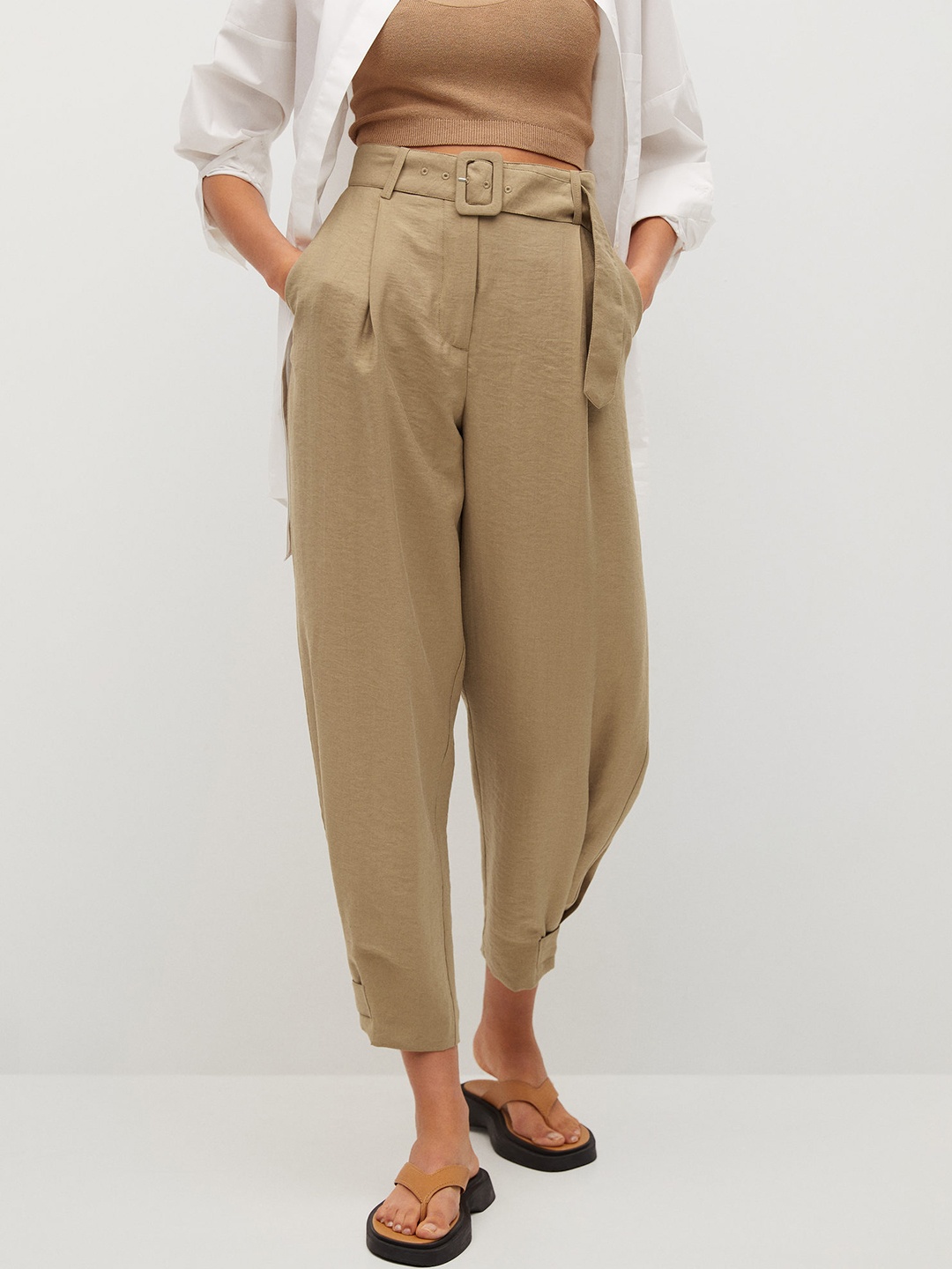 

MANGO Women Beige High-Rise Pleated Sustainable Trousers