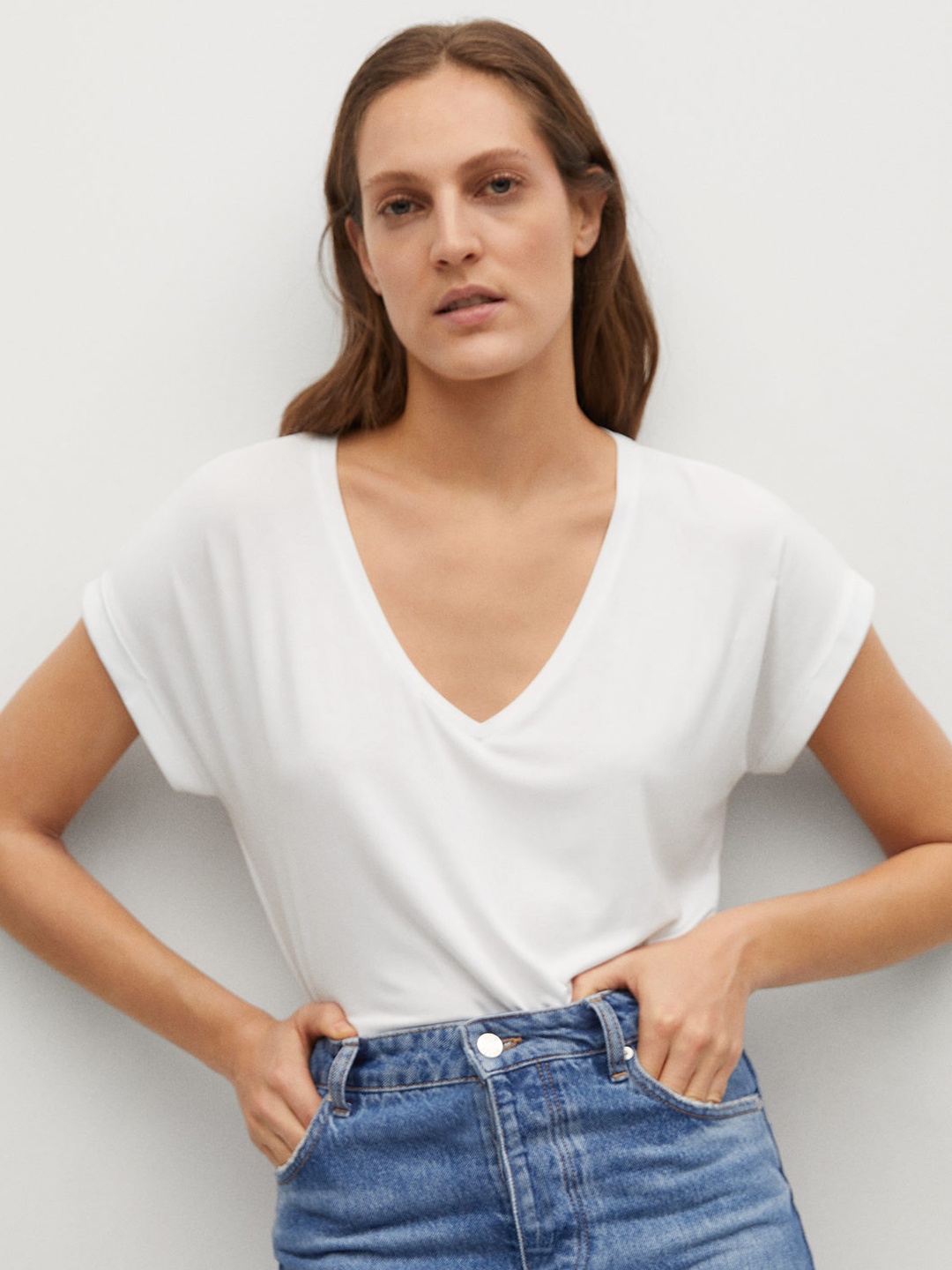 

MANGO Women White V-Neck Extended Sleeves T-shirt