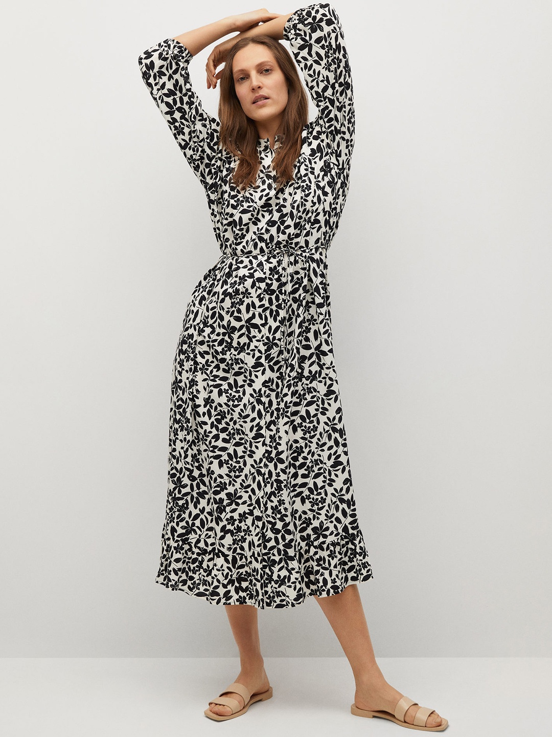 

MANGO White & Black Floral Sustainable A-Line Midi Dress