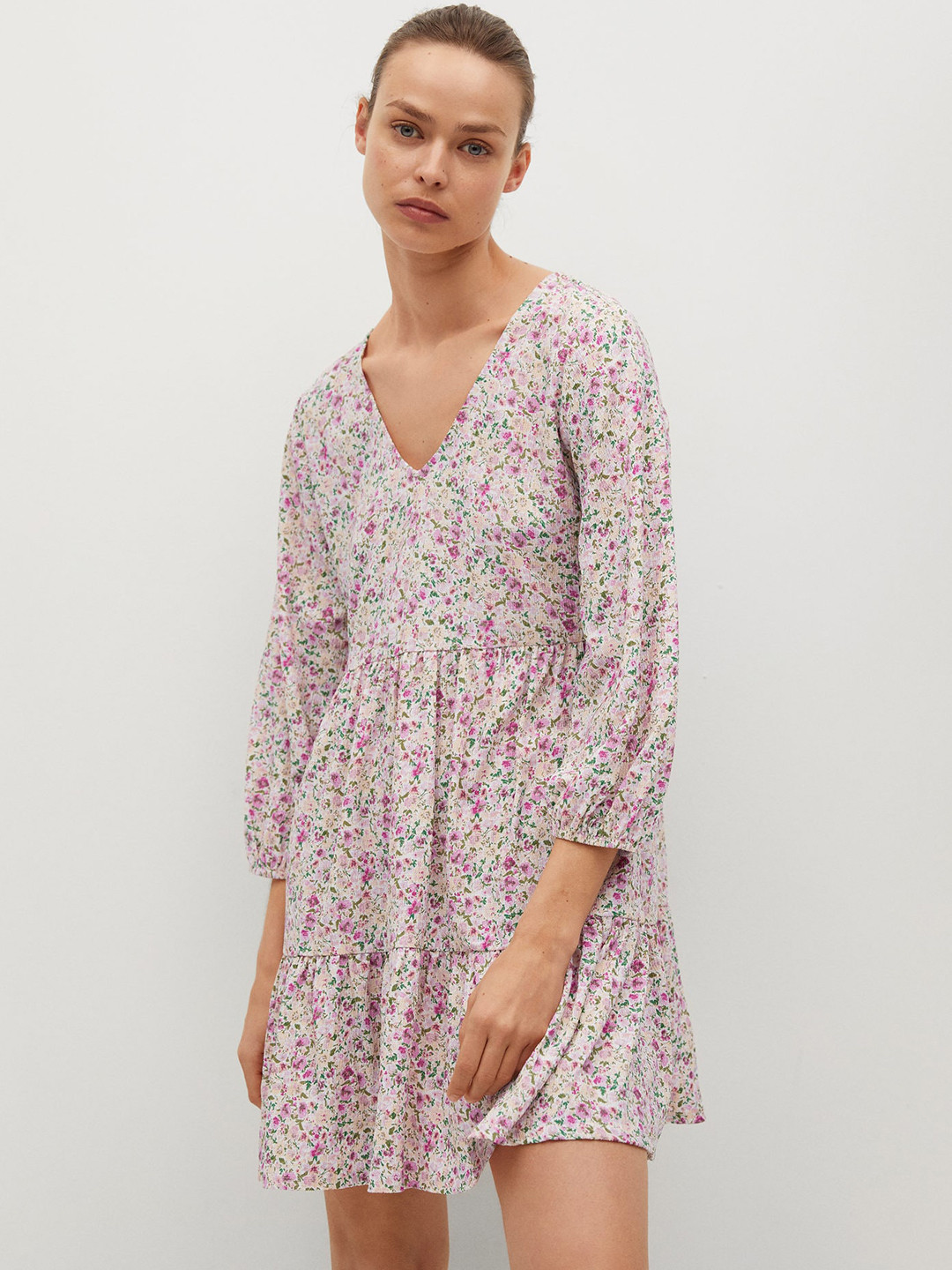 

MANGO Off White & Pink Floral A-Line Dress