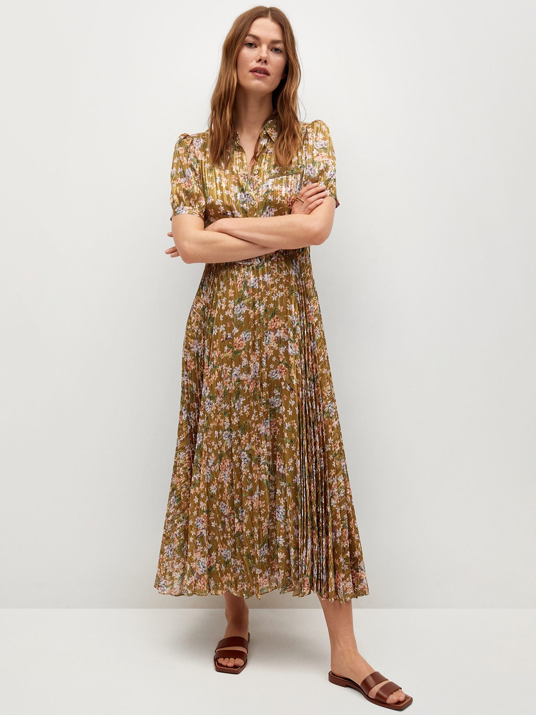 

MANGO Olive Green & Purple Floral Printed Maxi Dress