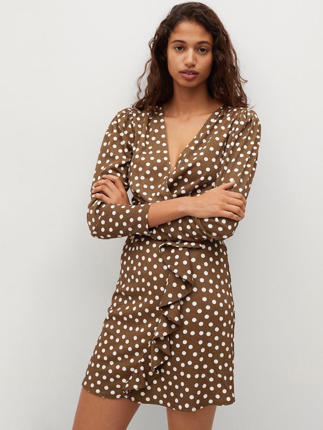 

MANGO Women Brown & White Printed Wrap Dress