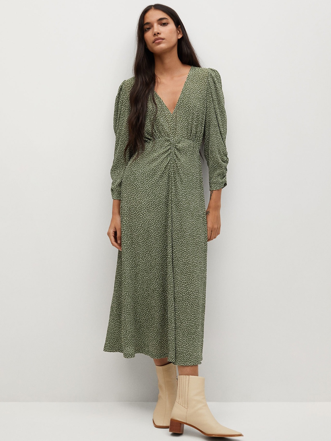 

MANGO Green & White Printed Sustainable A-Line Midi Dress