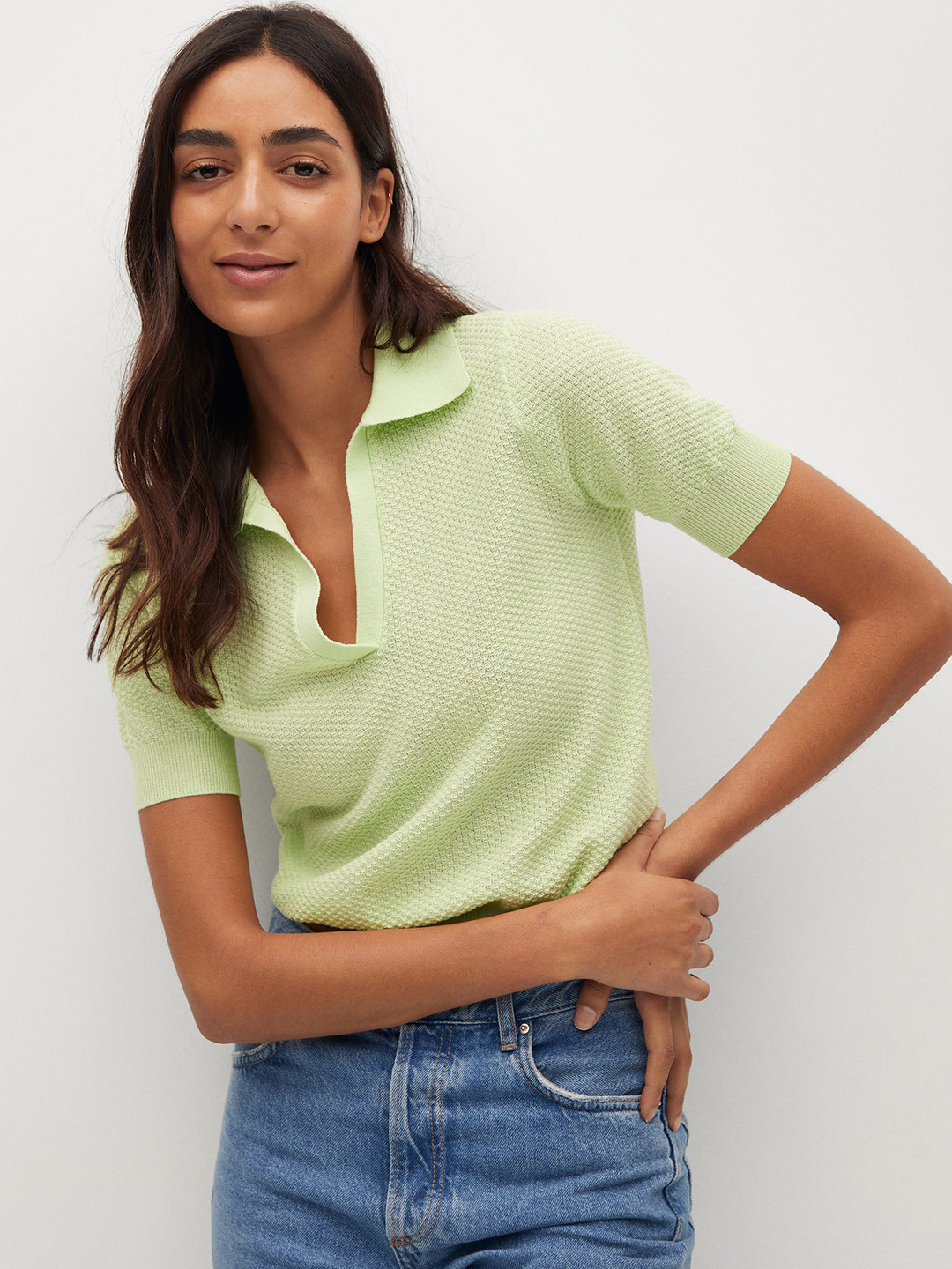 

MANGO Women Lime Green Polo Collar T-shirt