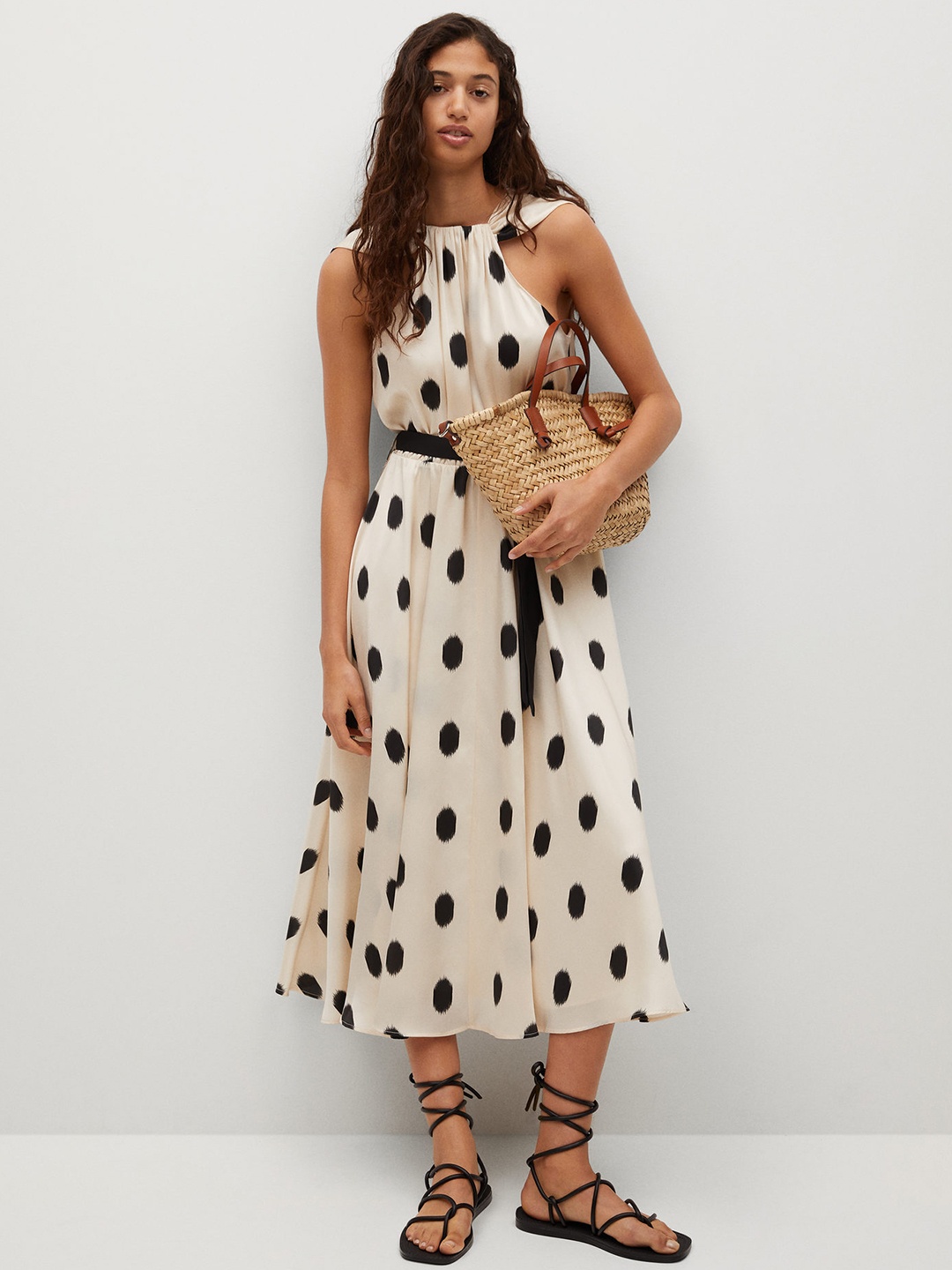 

MANGO White & Black Printed Stylised Round Neck A-Line Midi Sustainable Dress