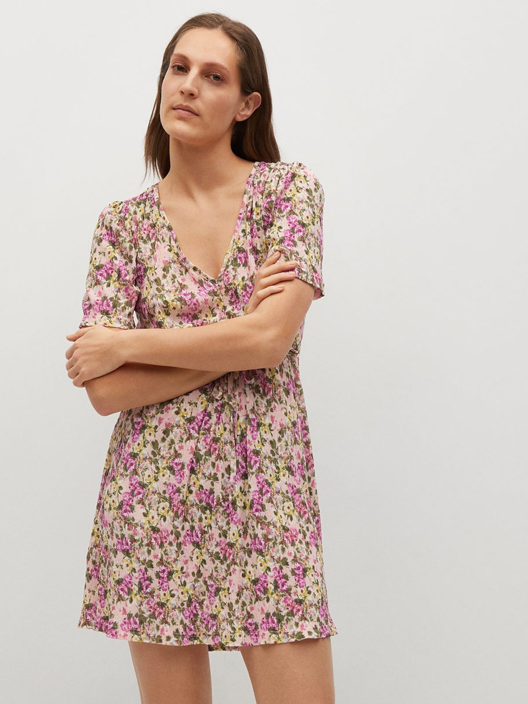 

MANGO Beige & Pink Floral Sustainable A-Line Dress