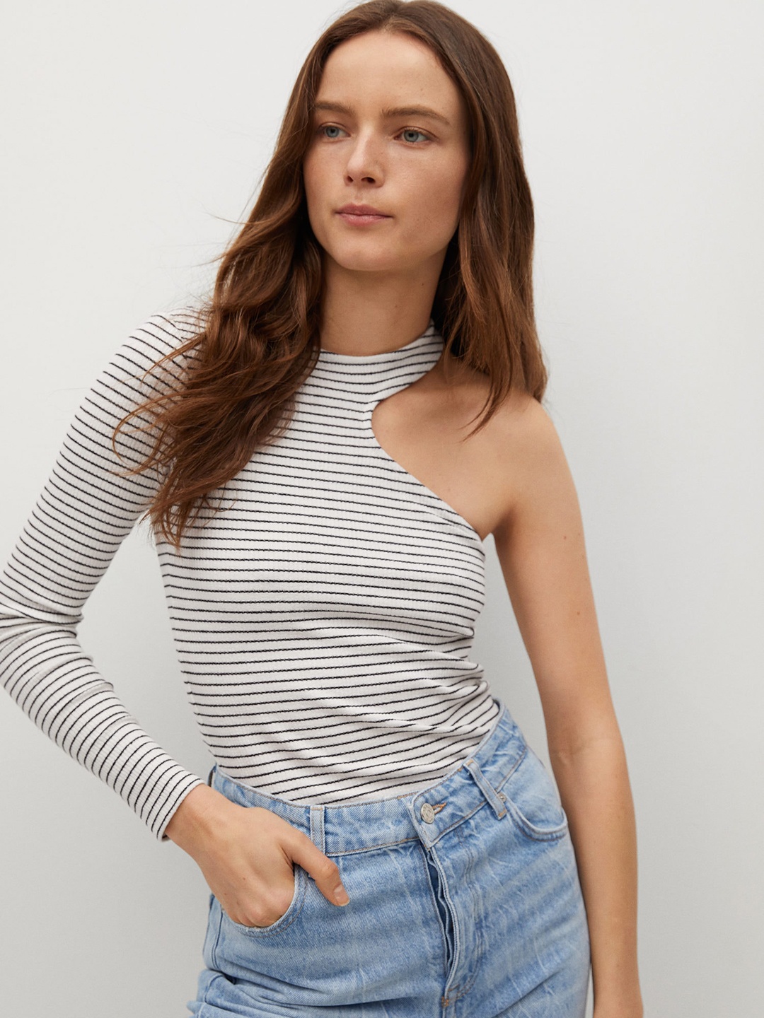 

MANGO White & Black Striped One Shoulder Sustainable Top