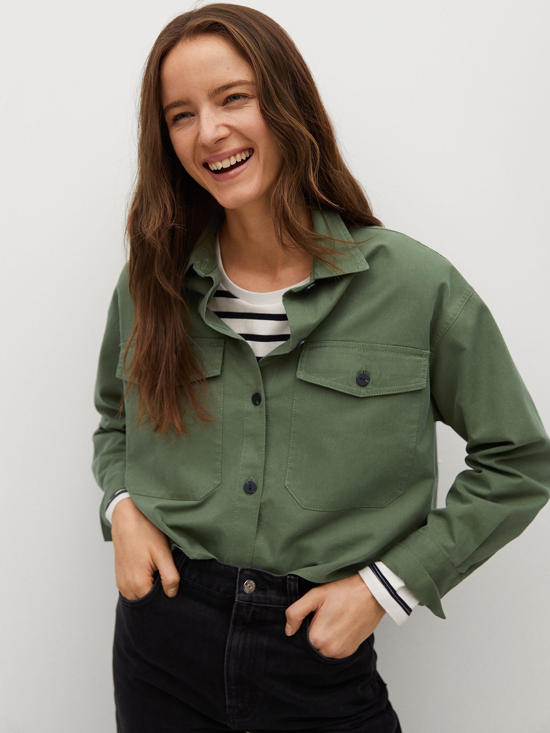 

MANGO Women Olive Green Regular Fit Solid Cropped Casual Shacket