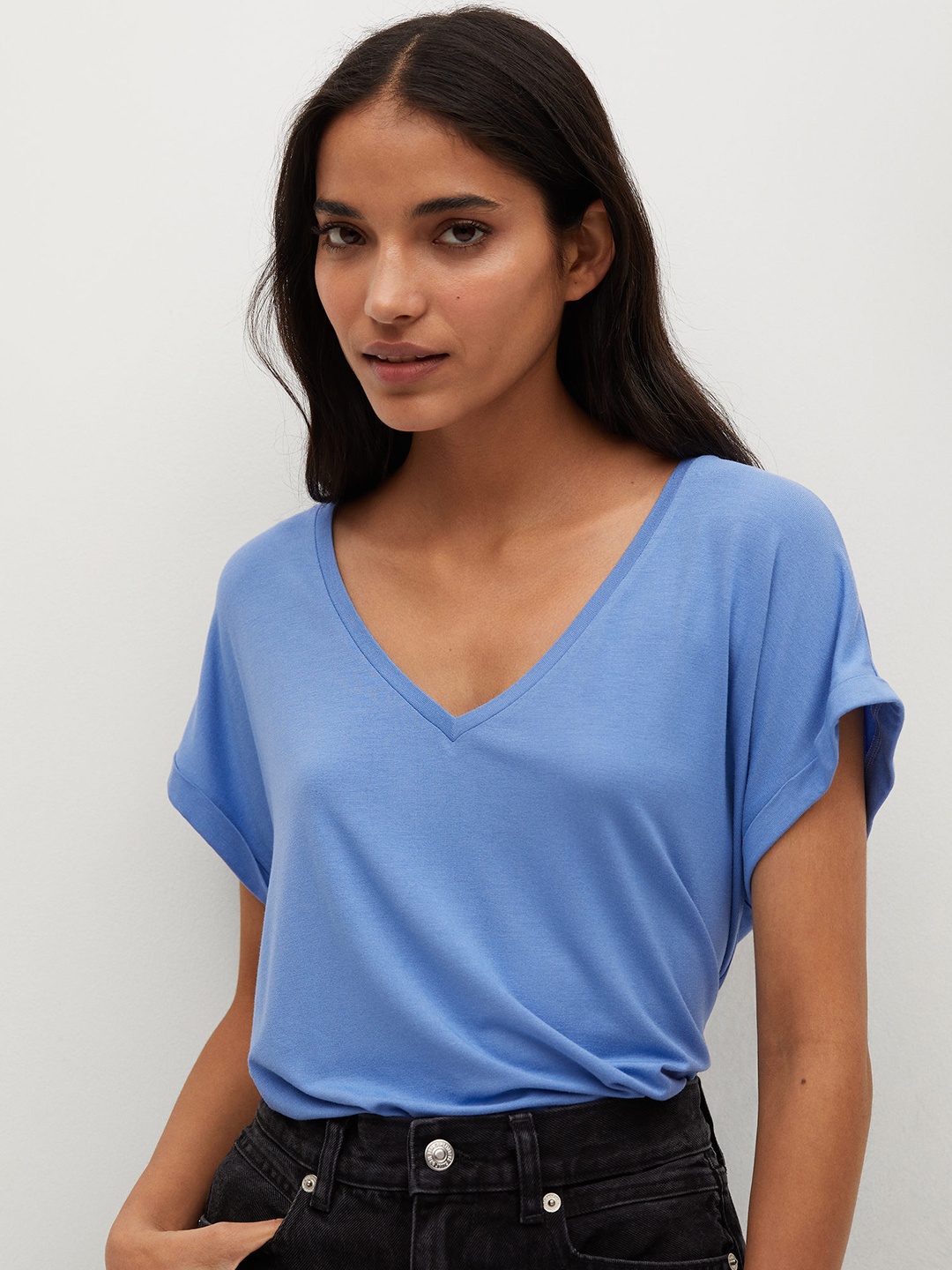 

MANGO Women Blue Sustainable V-Neck Extended Sleeves T-shirt