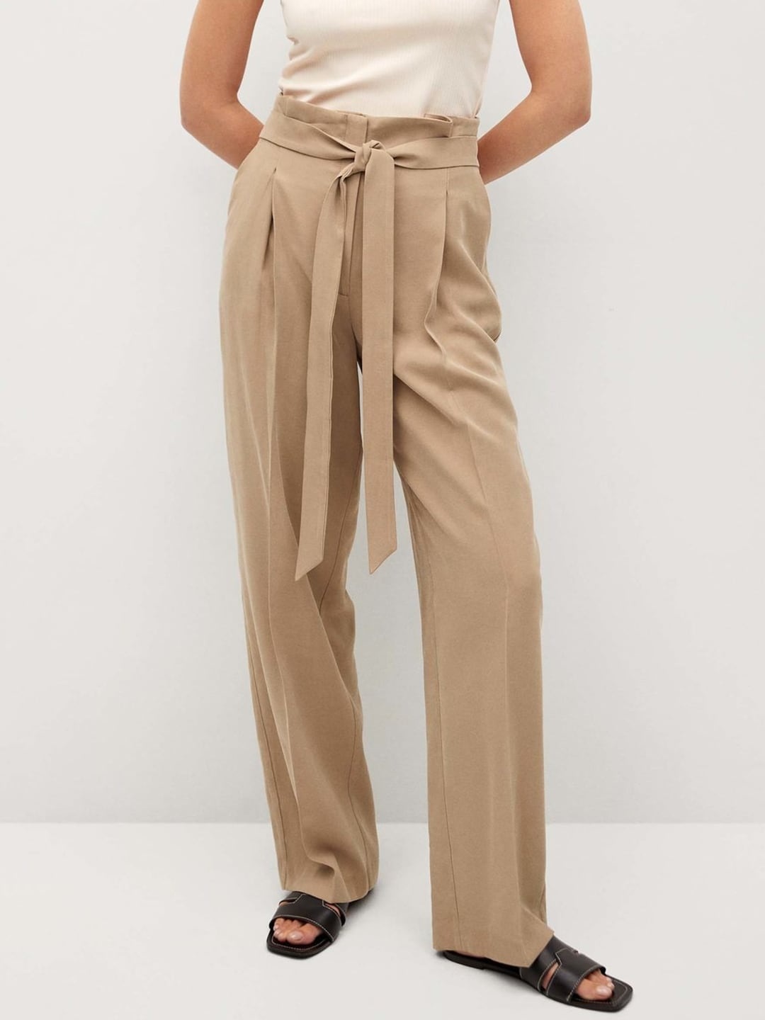

MANGO Women Beige High-Rise Pleated Sustainable Regular Trousers