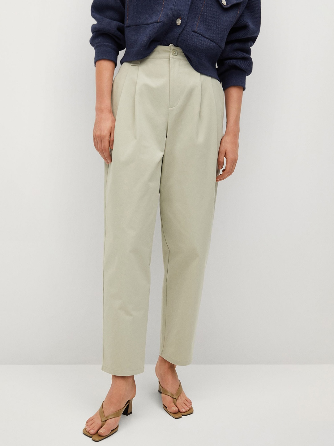 

MANGO Women Cream-Coloured Straight Fit Pleated Sustainable Pure Cotton Trousers