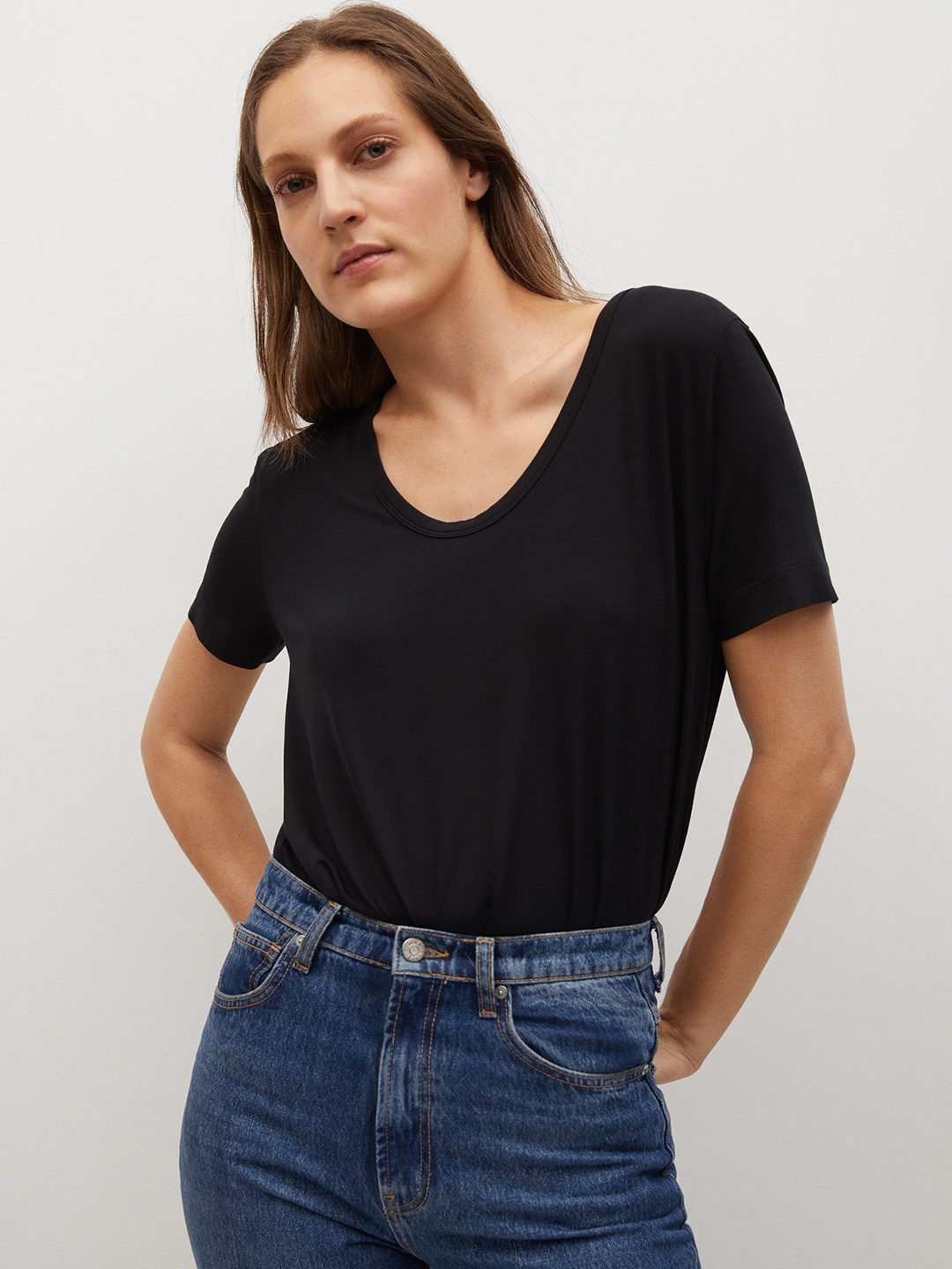 

MANGO Women Black Sustainable Solid T-shirt