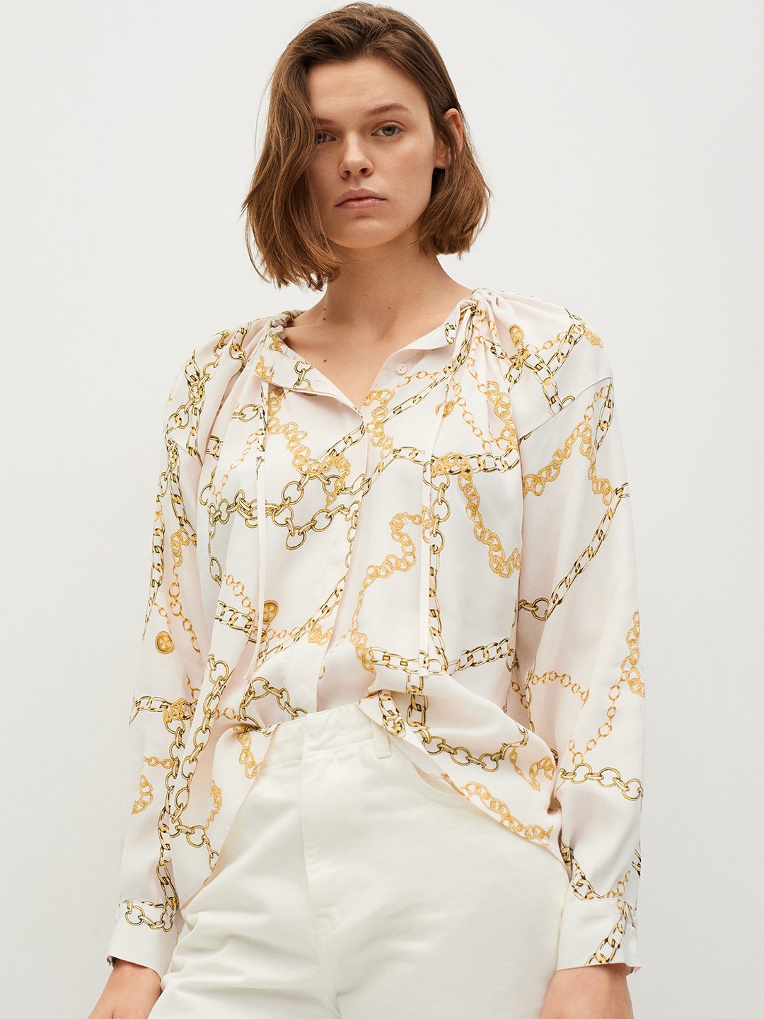 

MANGO Off White & Beige Tie-Up Neck Top