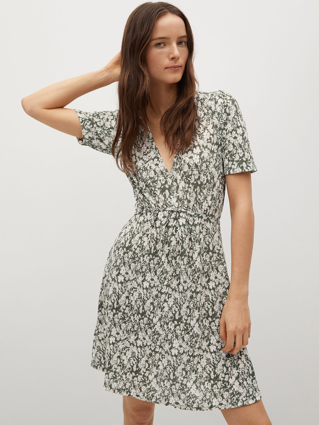 

MANGO Women Olive Green & White Floral A-Line Sustainable Dress