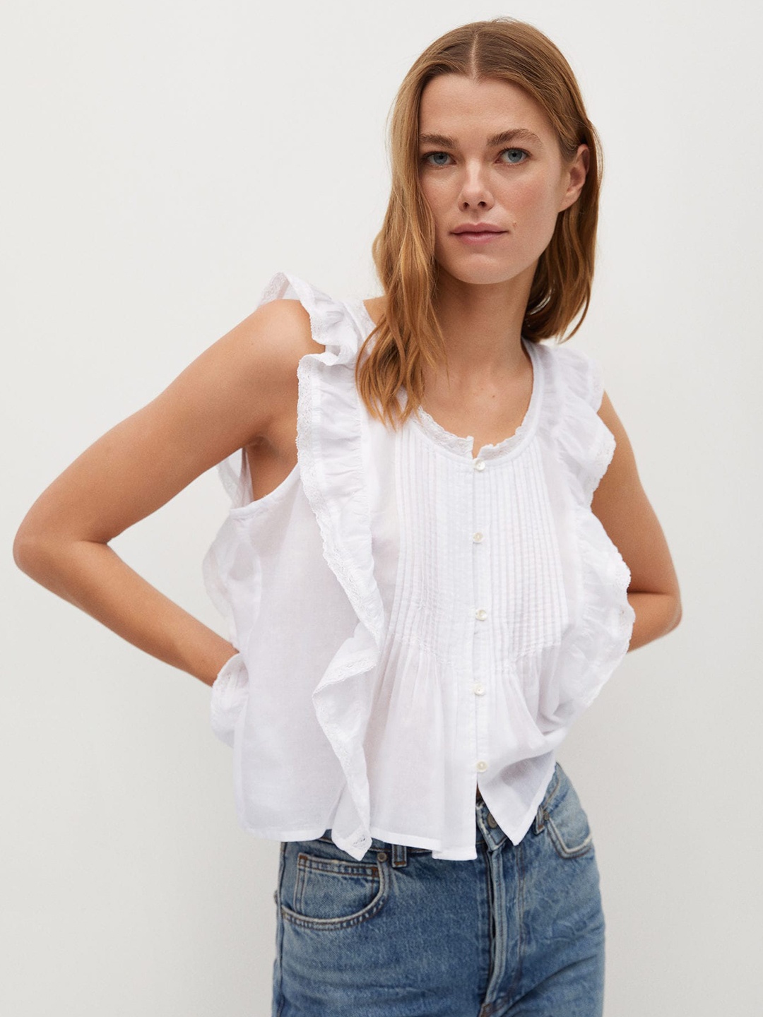 

MANGO White Cotton Ruffled Pintucks Detail Solid Top