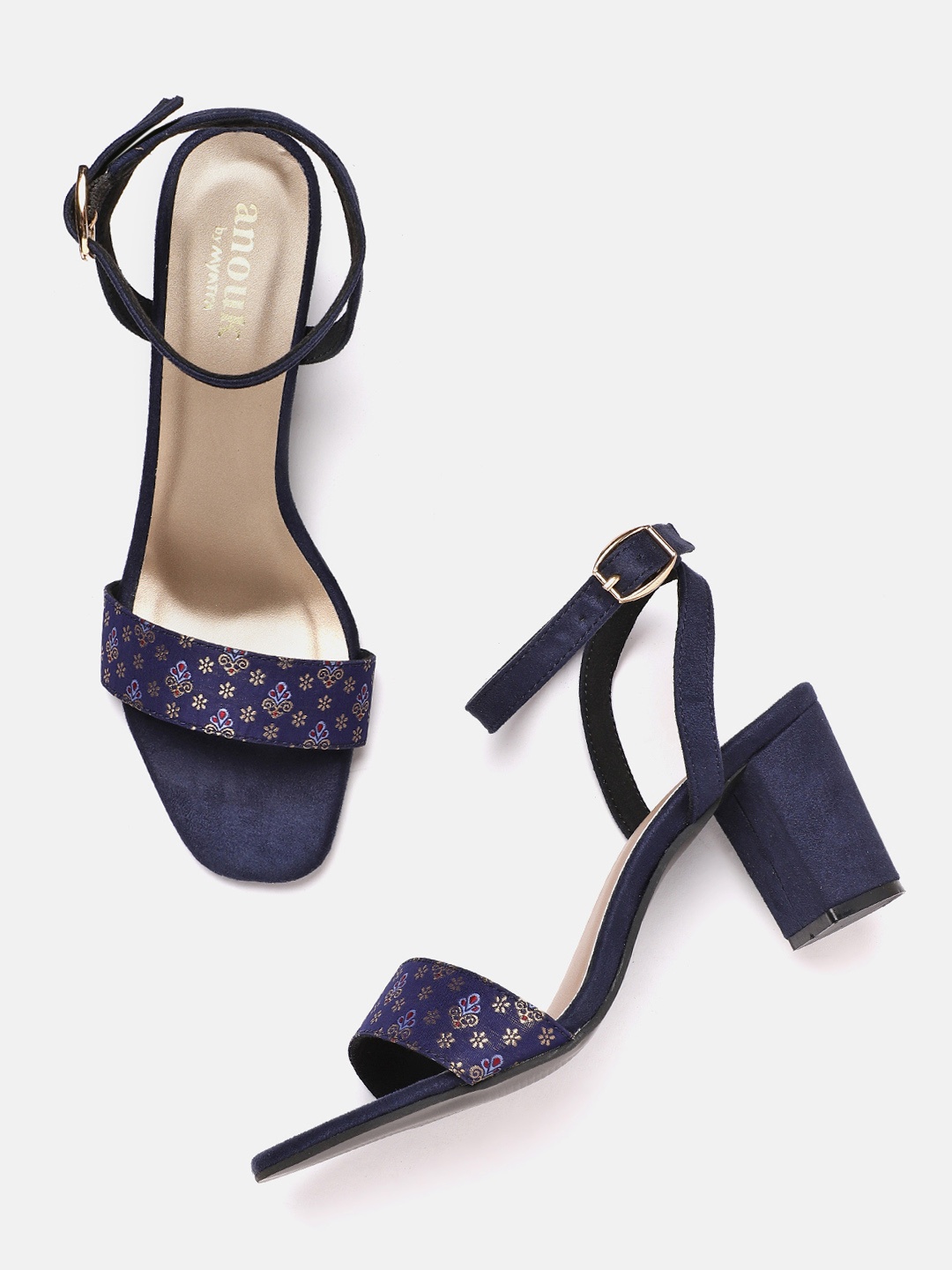 

Anouk Women Navy Blue & Gold-Toned Ethnic Motifs Woven Design Mid-Top Block Heels