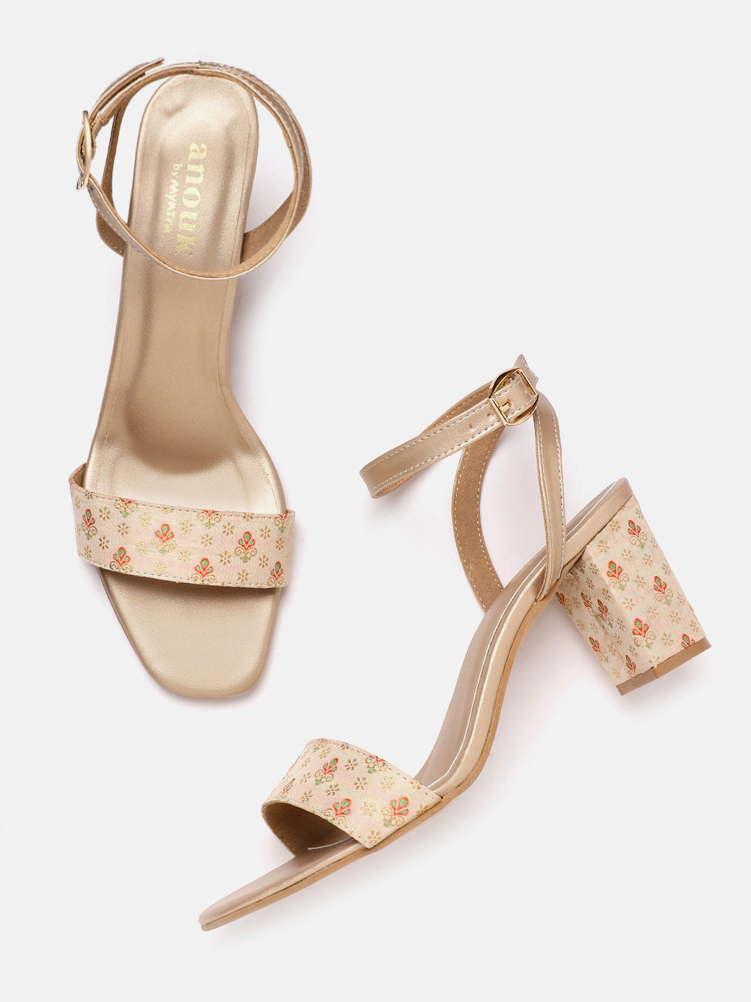 

Anouk Women Beige & Gold-Toned Ethnic Motifs Woven Design Mid-Top Block Heels
