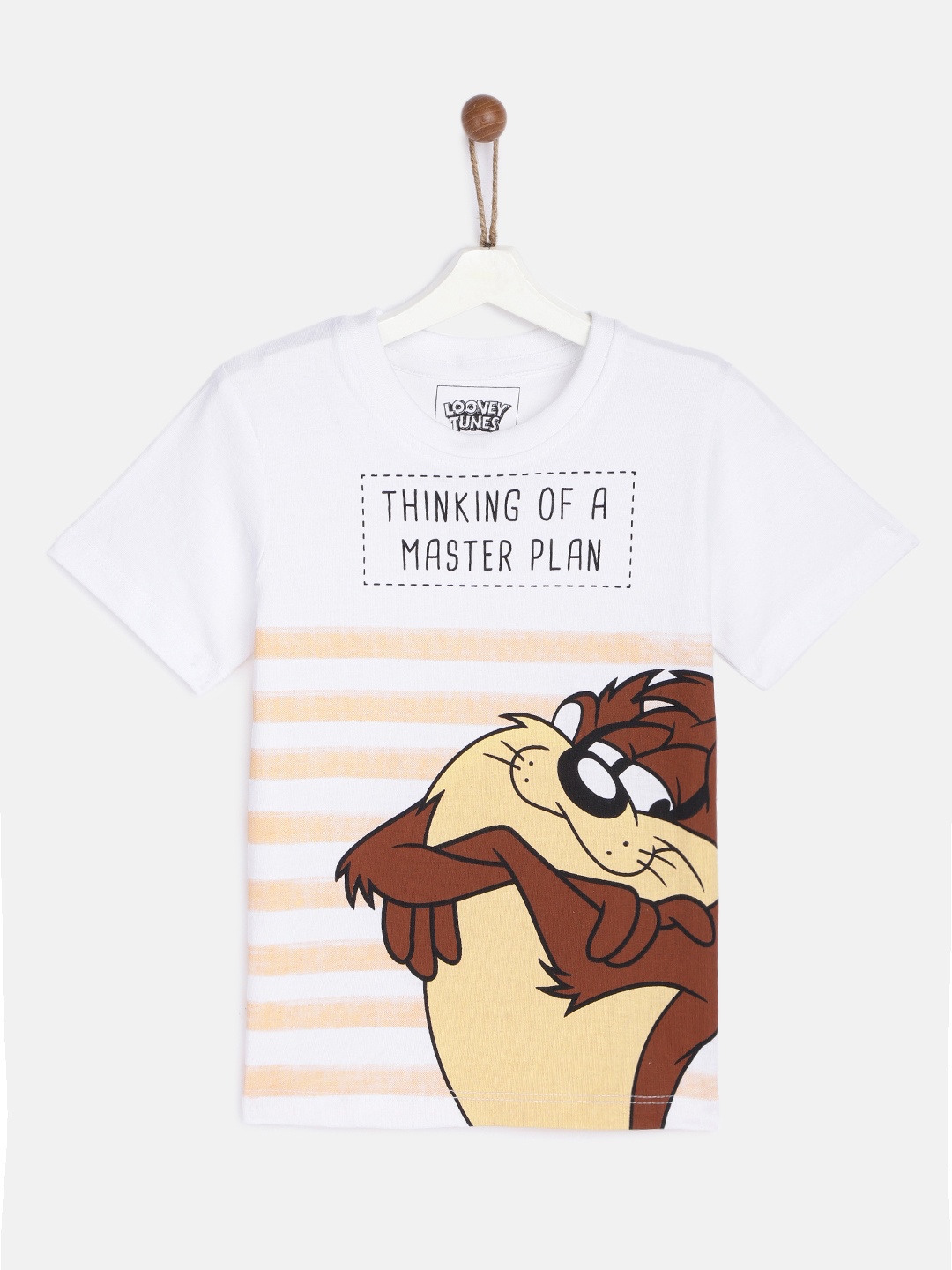 

YK Warner Bros Boys White Brown Looney Tunes Tasmanian Devil Print Pure Cotton T-shirt