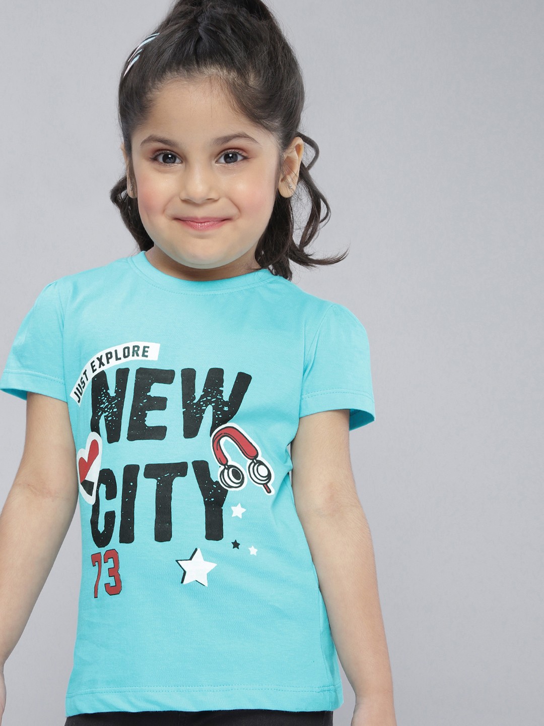 

YK Girls Turquoise Blue & Black Cotton Typography Print Round Neck T-shirt