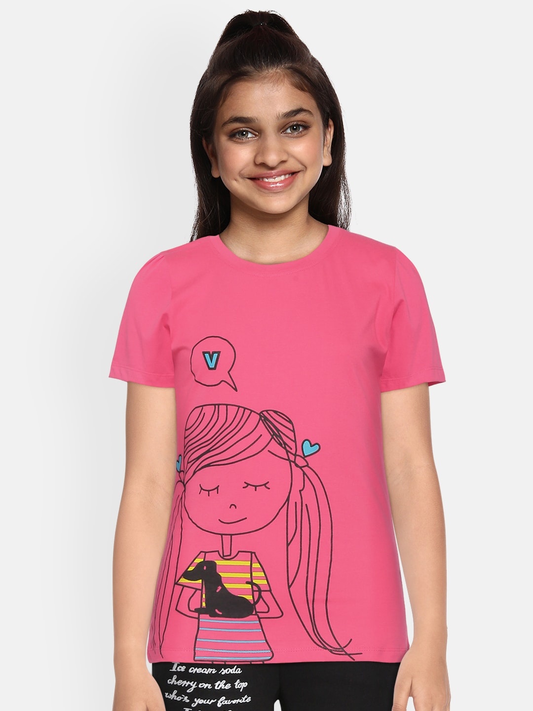 

YK Girls Pink Black Pure Cotton Printed Pure Cotton T-shirt