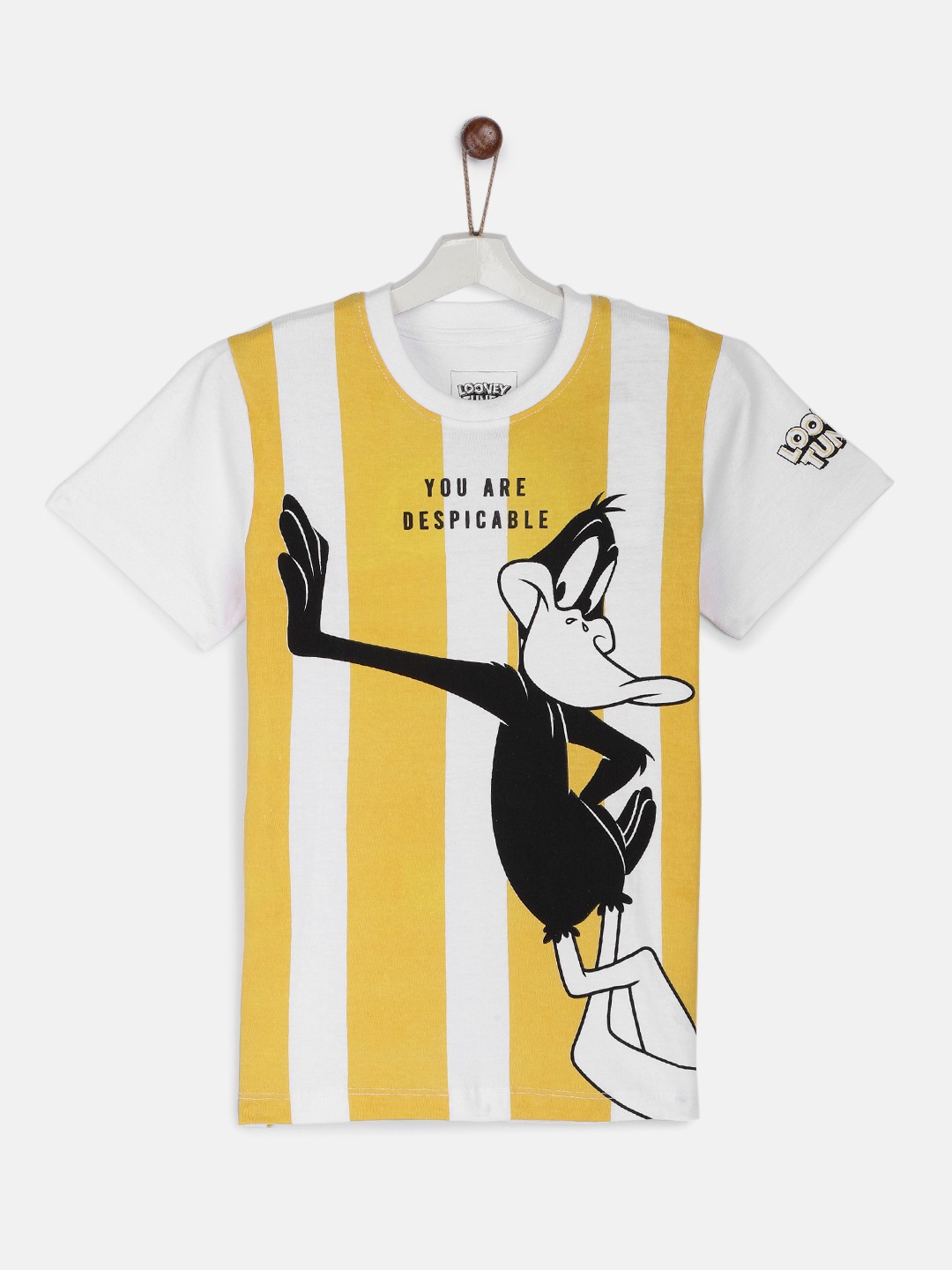 

YK Warner Bros Boys White Yellow Looney Tunes Daffy Duck Printed Cotton Pure Cotton T-shirt