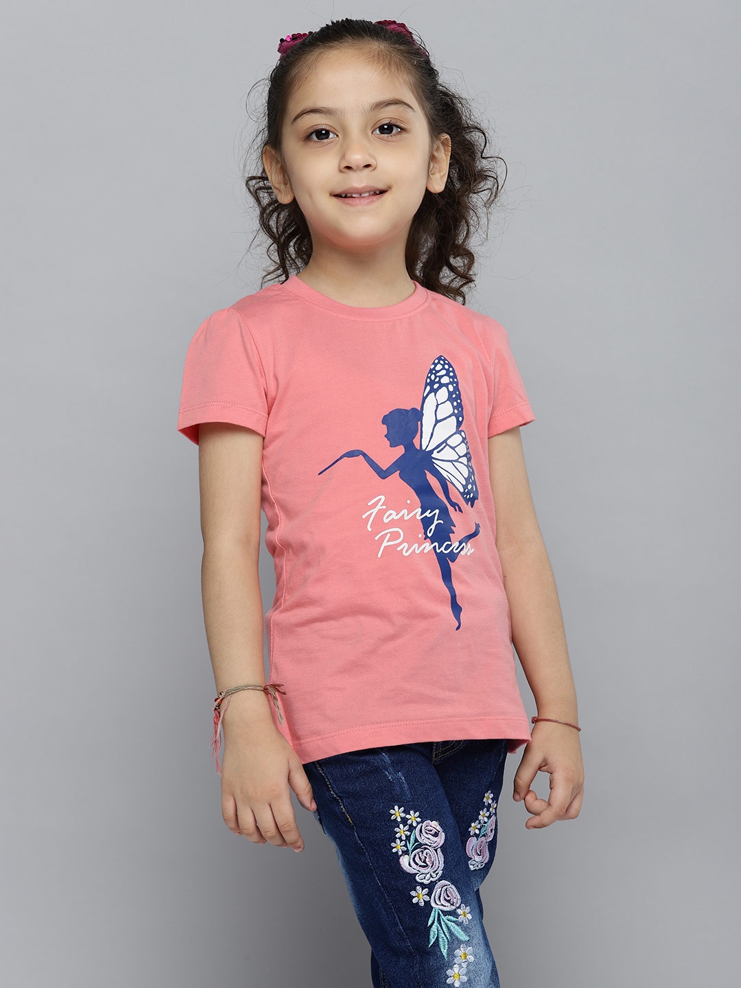 

YK Girls Pink & Blue Cotton Printed Puff Sleeves T-shirt