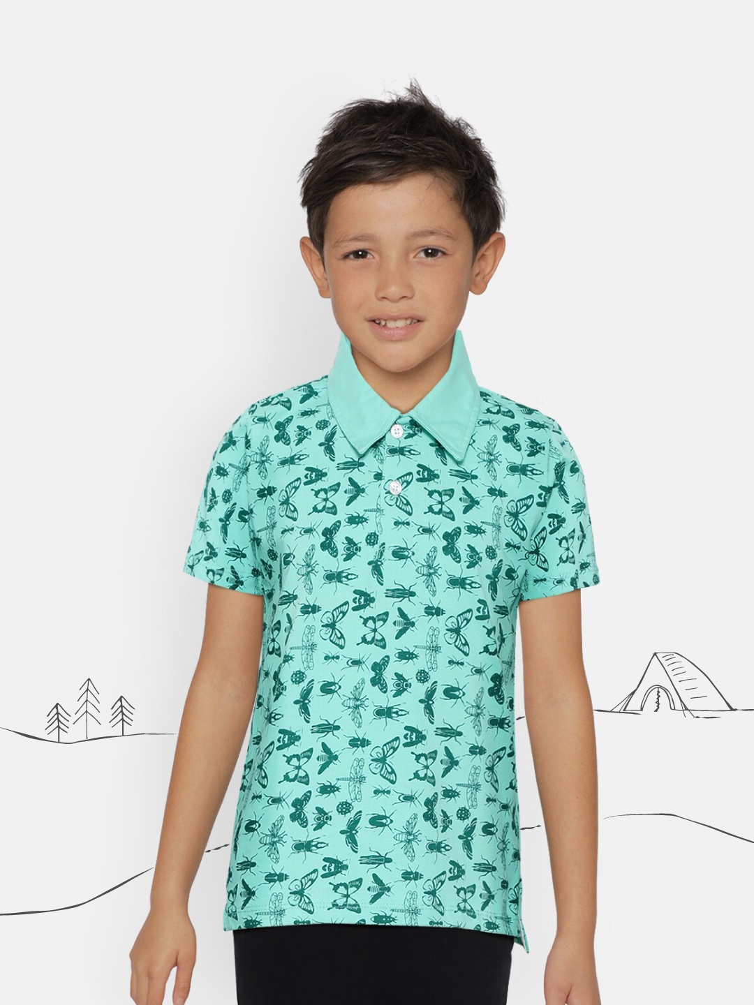 

YK Boys Sea Green Cotton Printed Polo Collar T-shirt