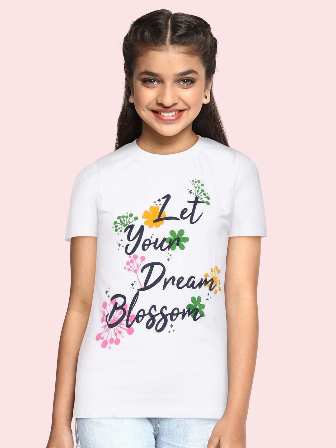 

YK Girls White & Navy Blue Cotton Typography Printed Puff Sleeves T-shirt