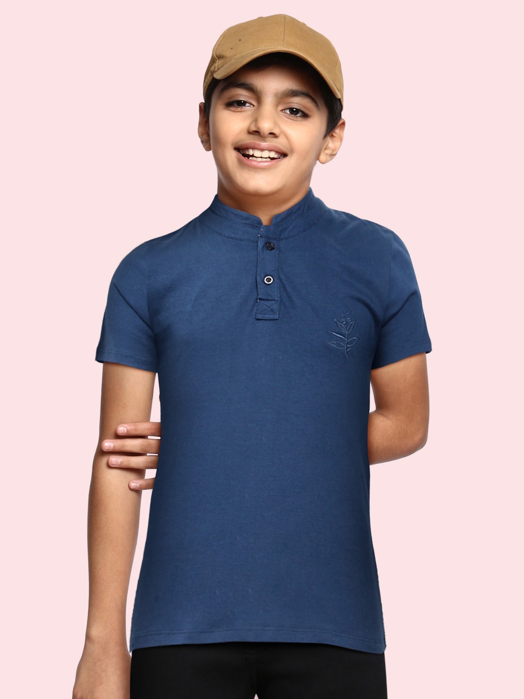 

YK Boys Navy Blue Cotton Stand Collar T-shirt