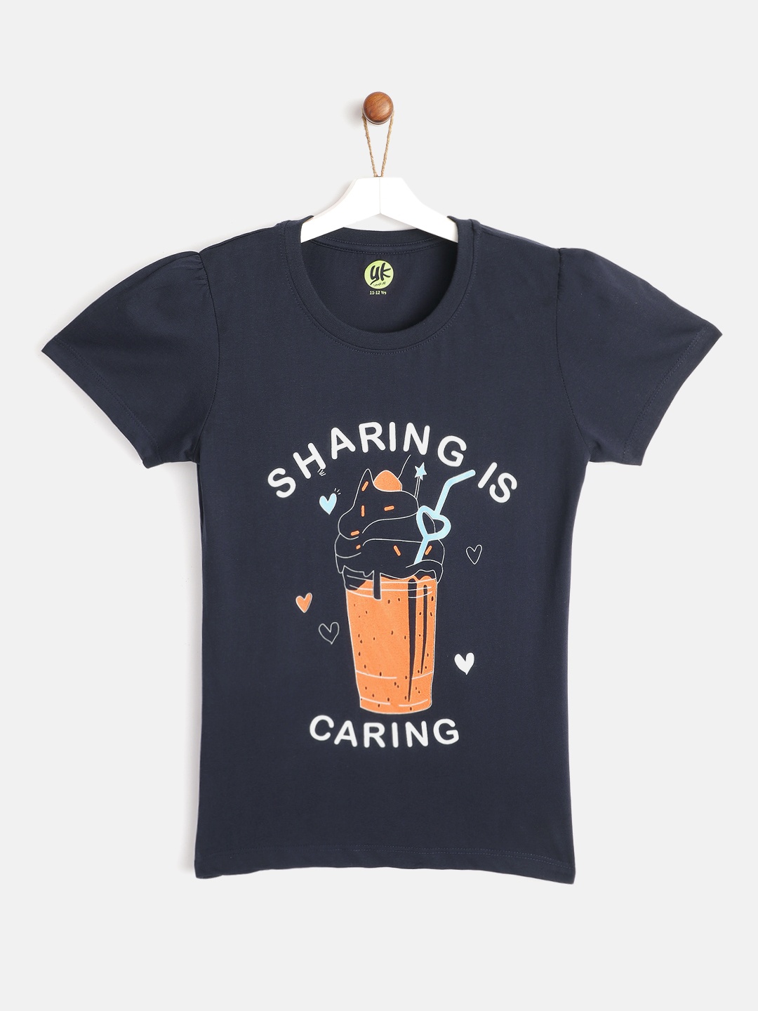 

YK Girls Navy Blue Orange Pure Cotton Printed Pure Cotton T-shirt