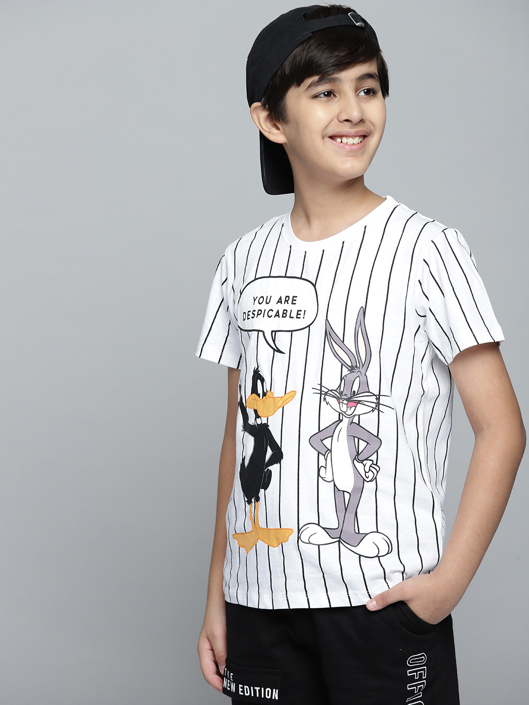 

YK Warner Bros Boys White Black Looney Tunes Bugs Bunny Striped Pure Cotton T-shirt
