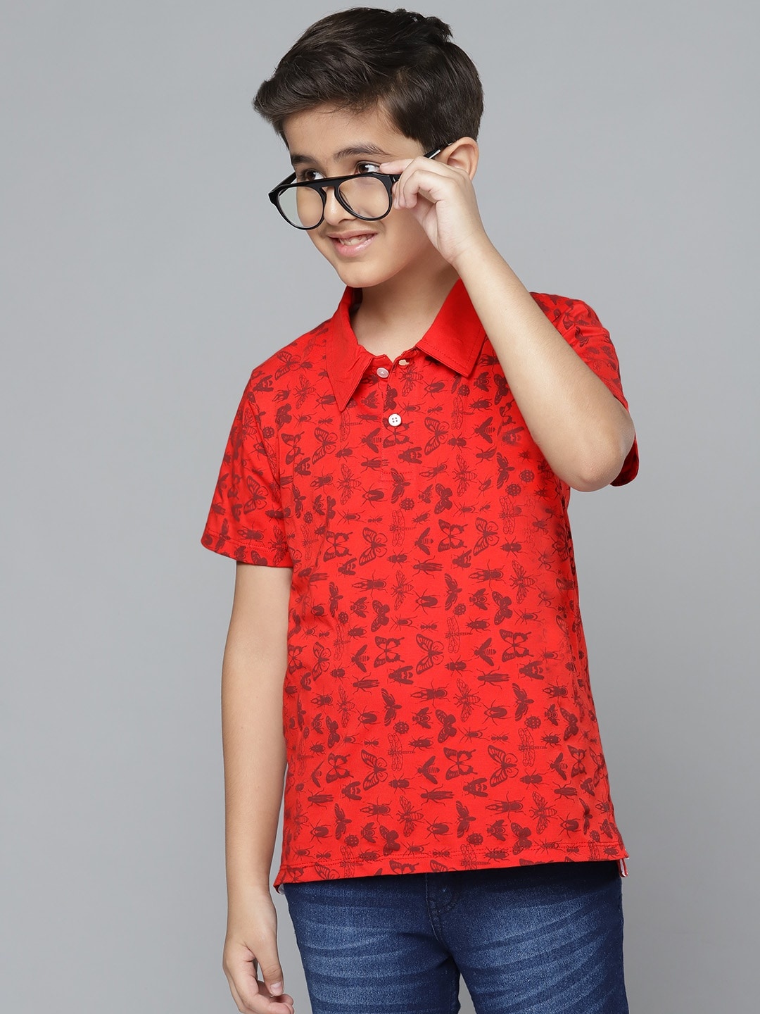 

YK Boys Red Pure Cotton Insects Print Polo Collar Pure Cotton T-shirt