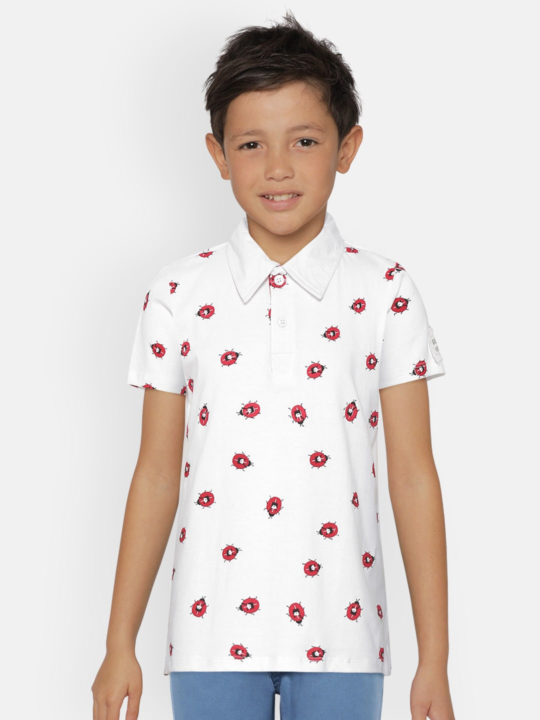 

YK Boys White & Red Cotton Printed Polo Collar T-shirt