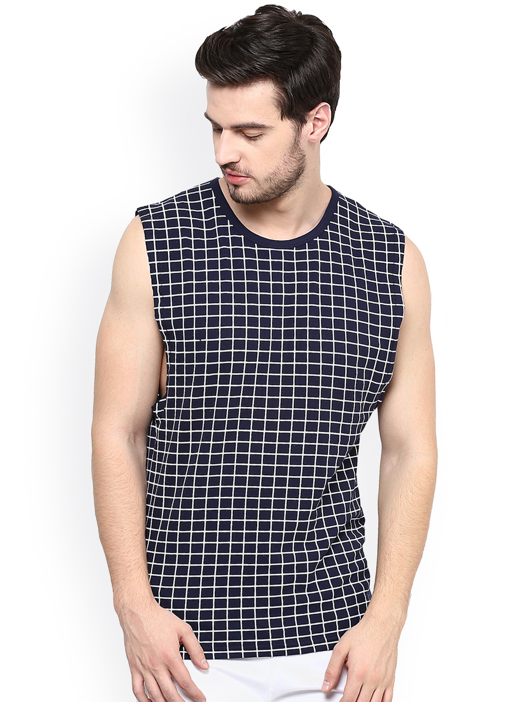

Hypernation Navy Checked Sleeveless T-shirt, Navy blue