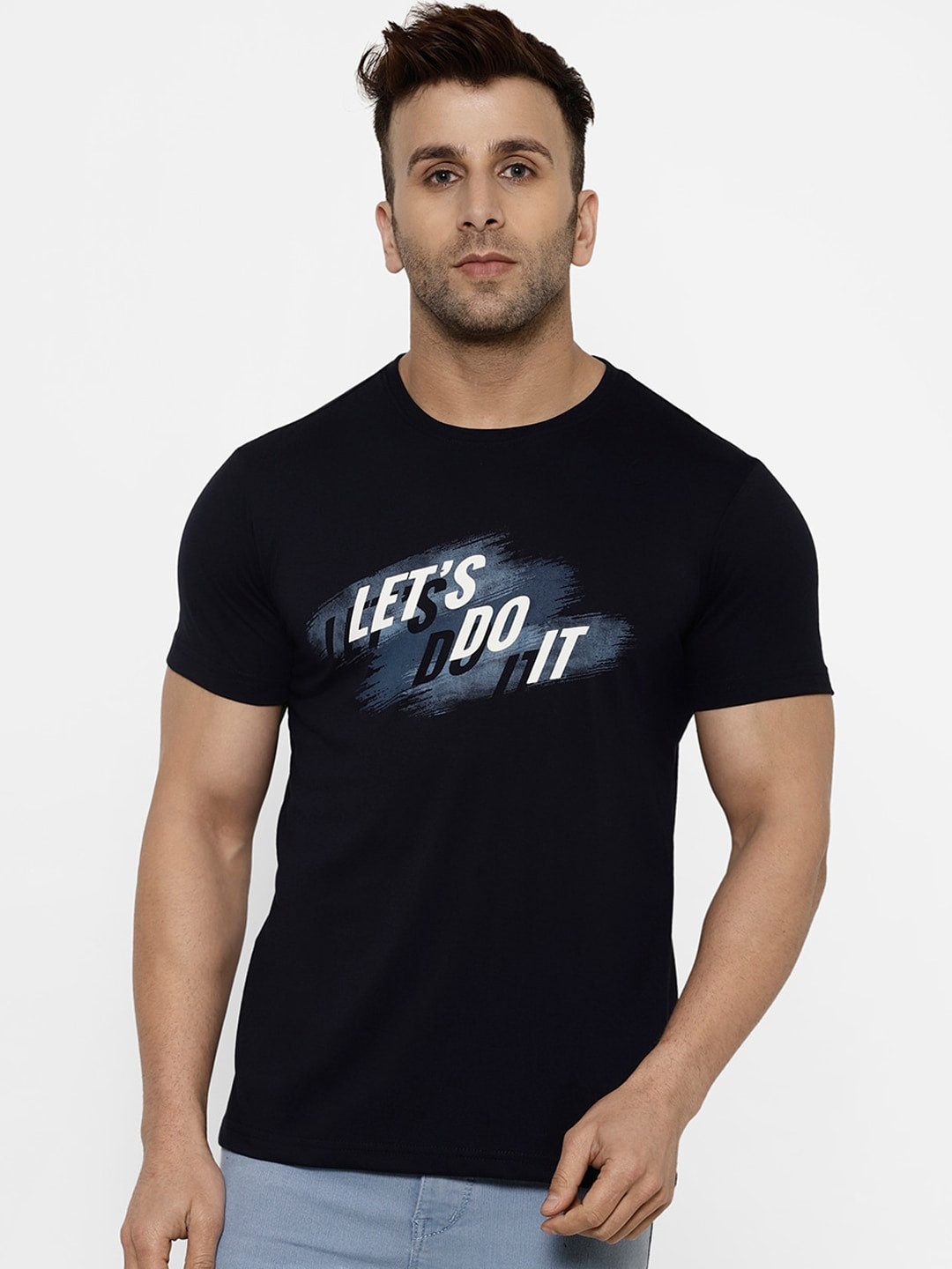 

cape canary Men Navy Blue & Grey Printed Round Neck T-shirt