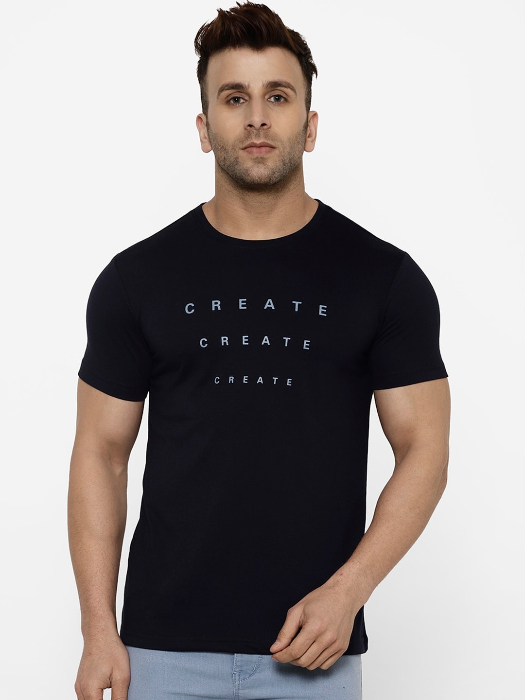 

cape canary Men Navy Blue Printed Round Neck T-shirt