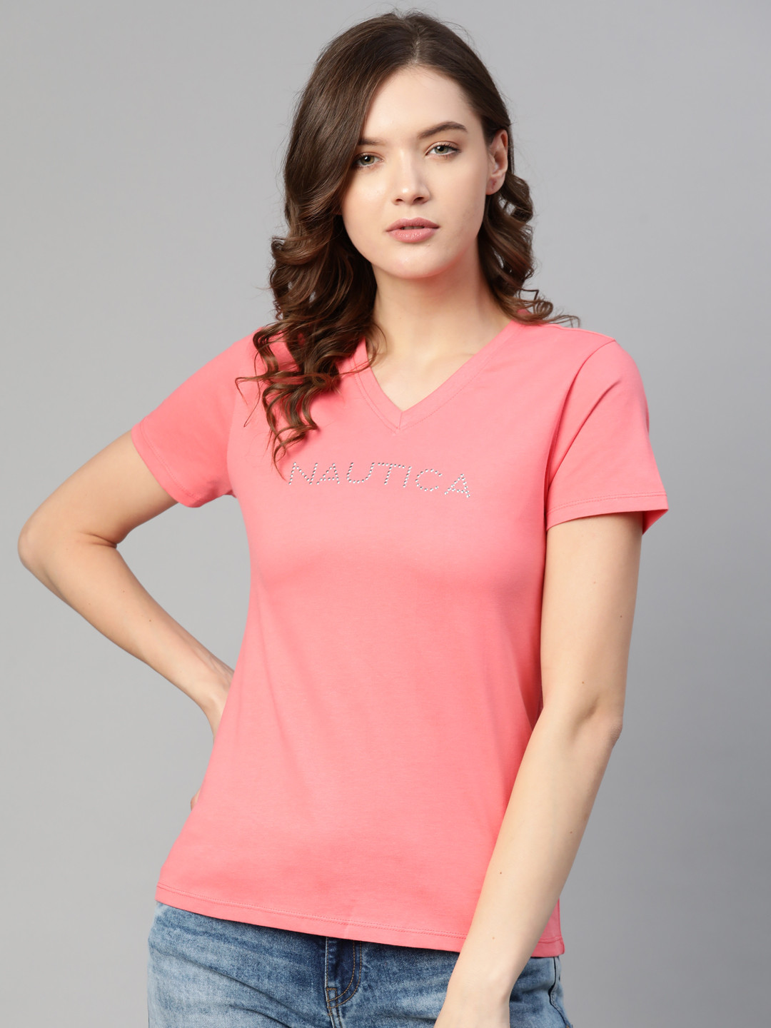 

Nautica Women Pink Brand Logo Printed V-Neck Pure Cotton T-shirt