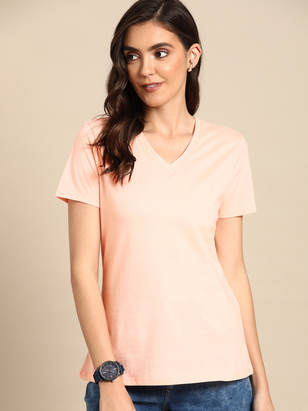 

Nautica Women Peach-Coloured Solid V-Neck Pure Cotton T-shirt