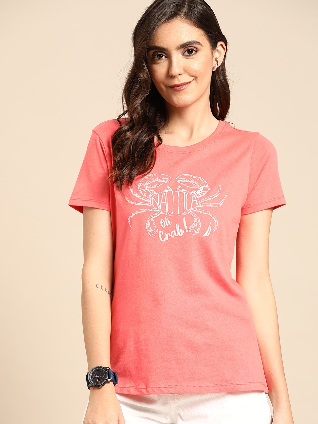 

Nautica Women Peach Pink Animal Embroidered Round Neck Pure Cotton T-shirt