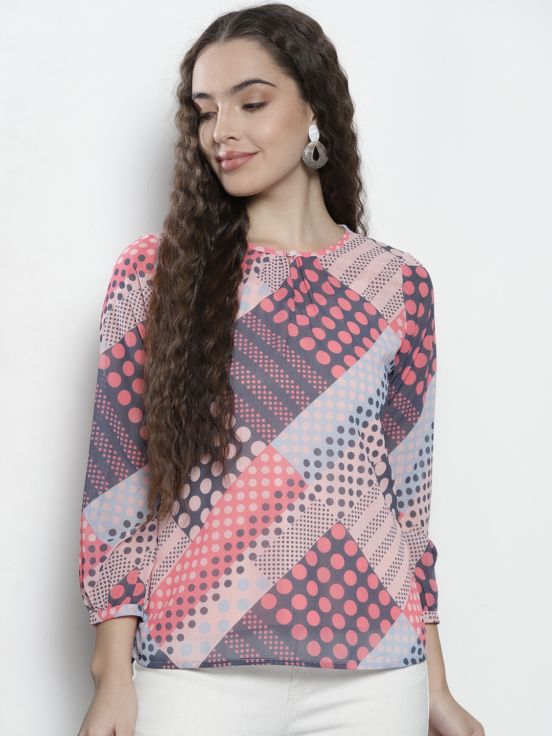 

Nautica Grey & Pink Geometric Printed Pure Cotton Top
