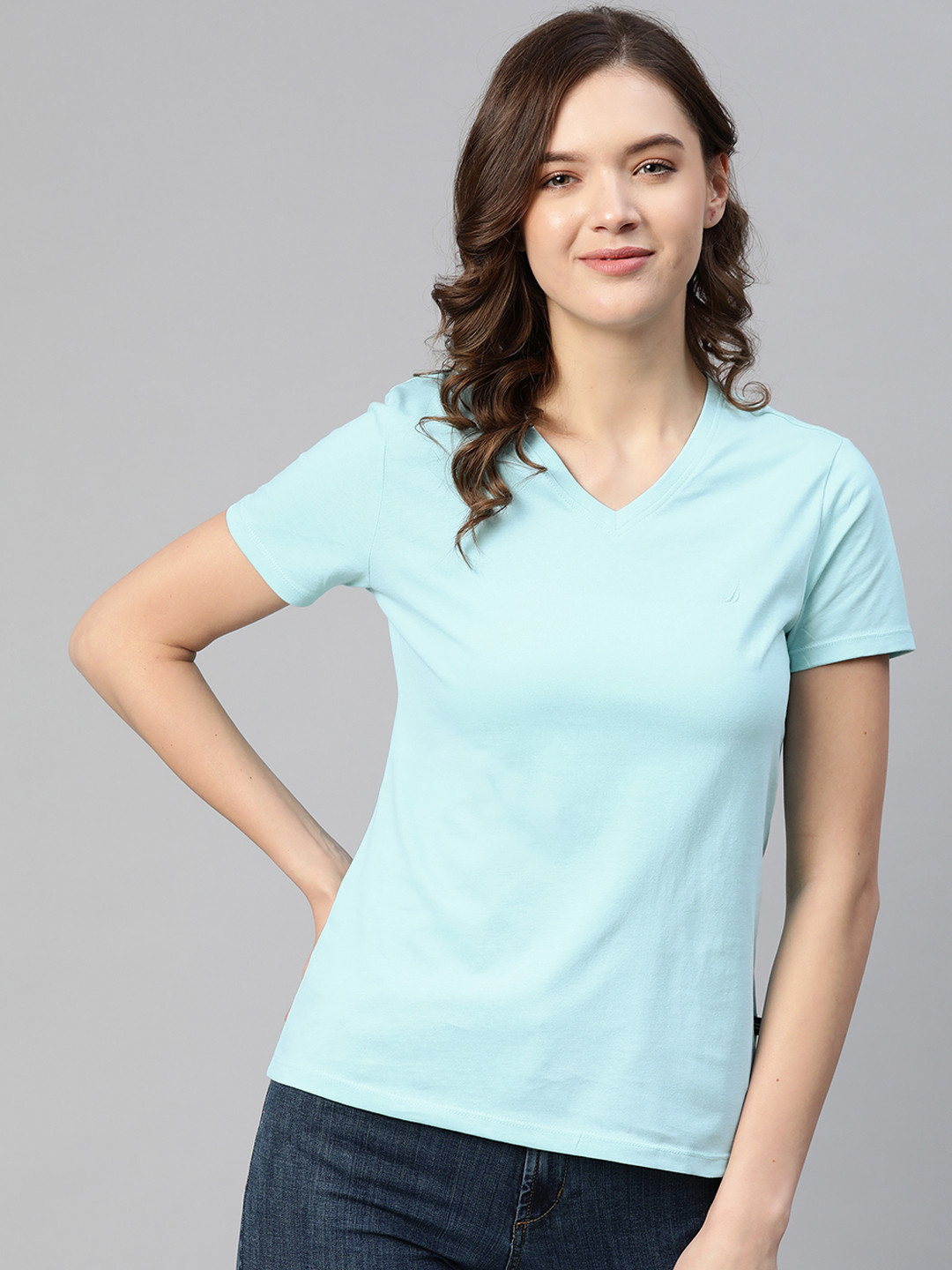 

Nautica Women Blue V-Neck Pure Cotton T-shirt