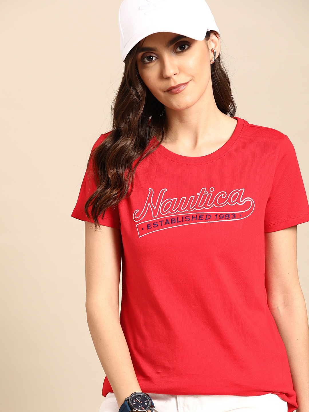 

Nautica Women Red Brand Logo Print Round Neck Embroidered Pure Cotton T-shirt