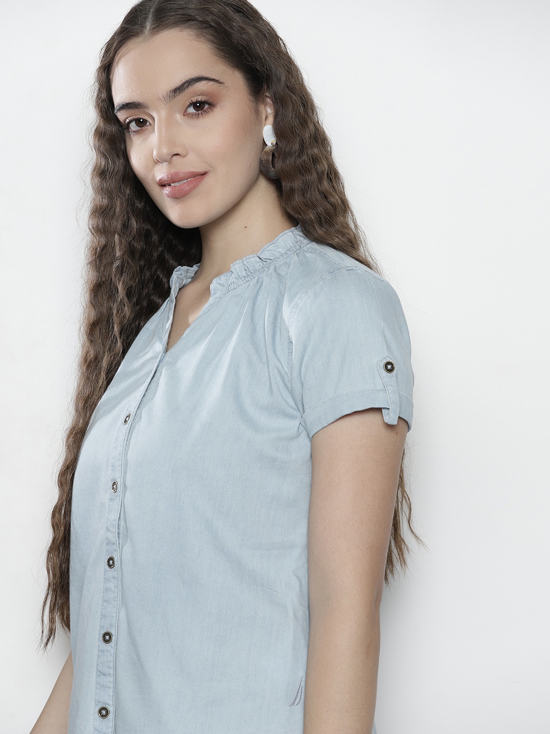 

Nautica Women Blue Regular Fit Solid Chambray Casual Shirt
